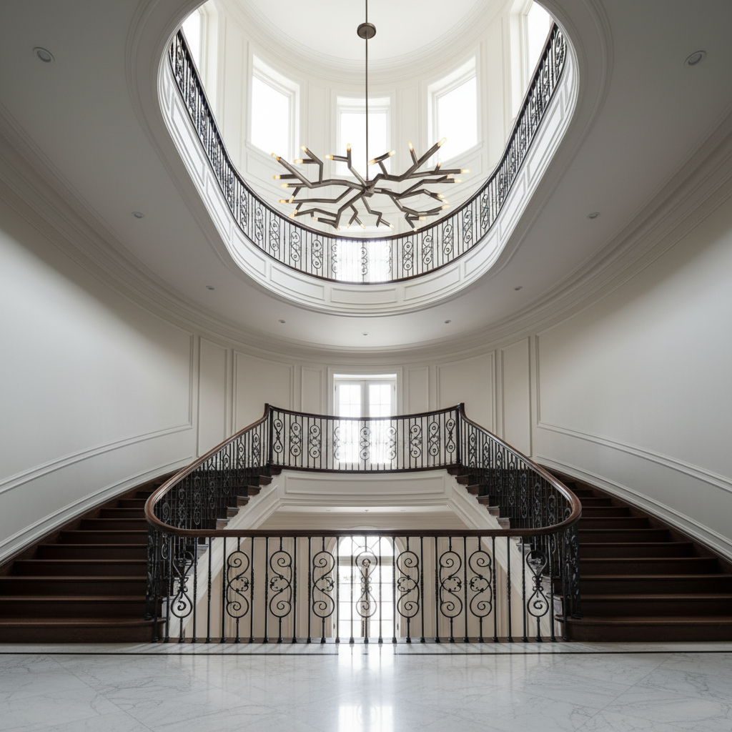 Riviko Veridian Bloom Circular Chandelier - dramatic American stairwell with soaring ceiling