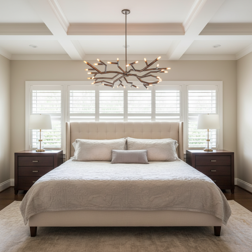 Riviko Veridian Bloom Circular Chandelier - American master bedroom with coffered ceiling