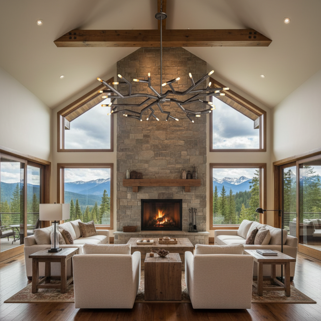 Riviko Veridian Bloom Circular Chandelier - American transitional great room with cathedral ceiling