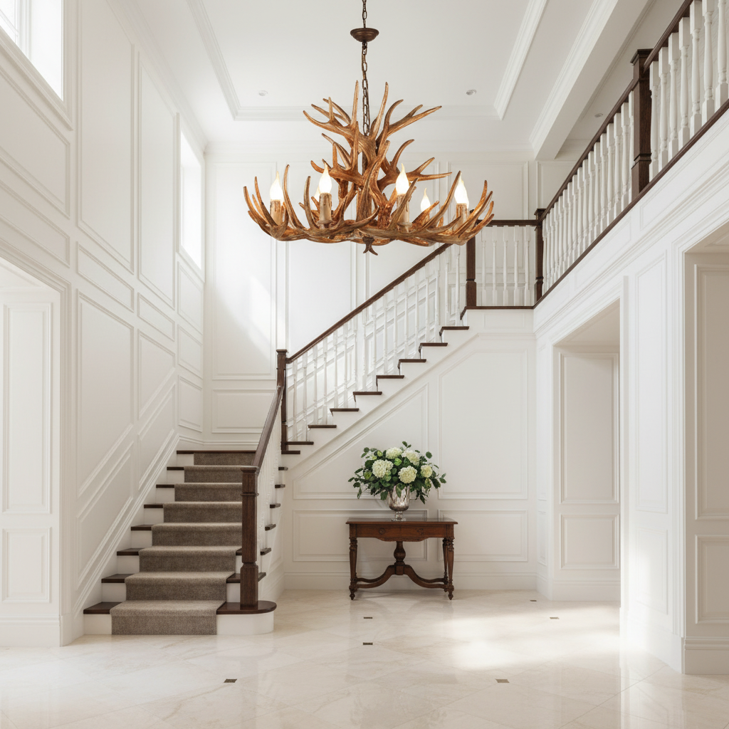Riviko Rustic Antler Candelabra Chandelier - elegant American entryway with arched doorway