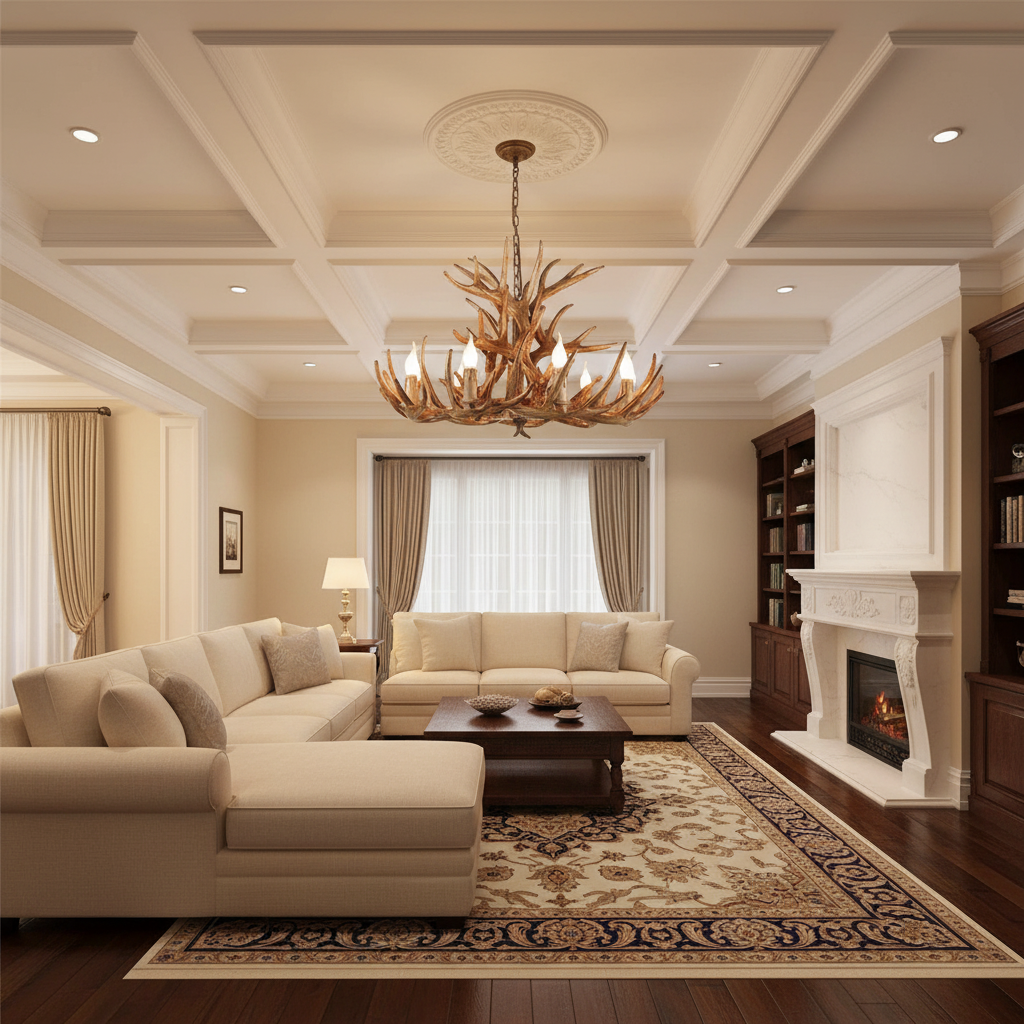 Riviko Rustic Antler Candelabra Chandelier - luxurious American living room with tray ceiling