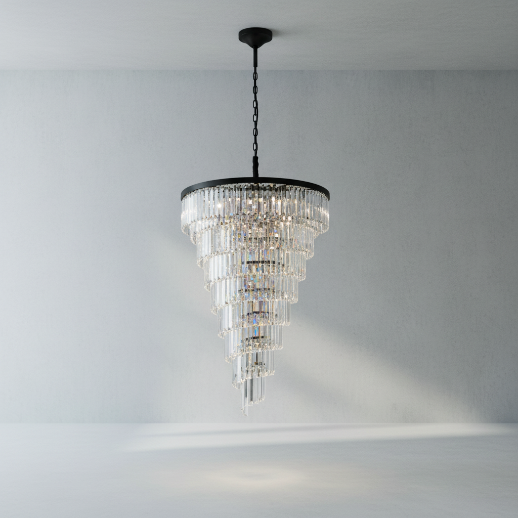 Riviko Extra Large Multi-Tiered Spiral Chandelier in Black Finish - Background Shot