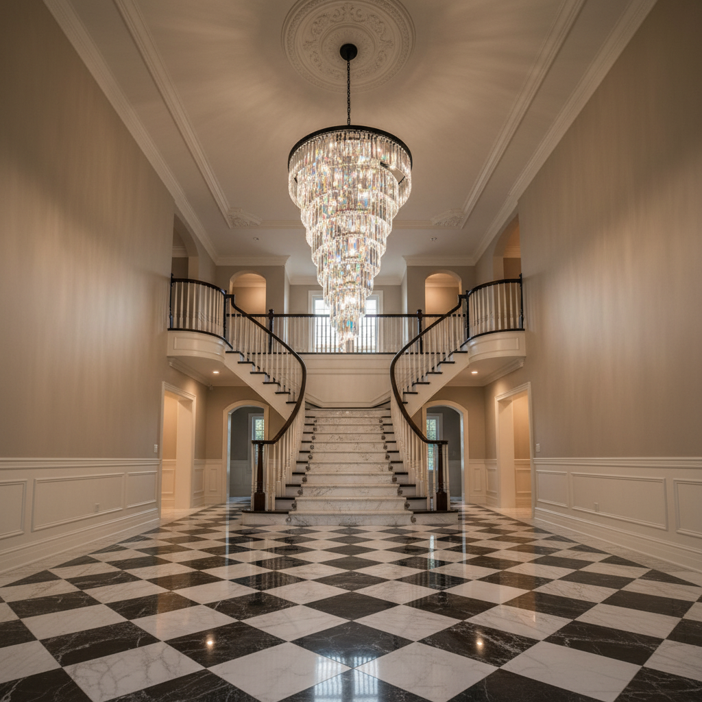 Riviko Extra Large Multi-Tiered Spiral Chandelier in Black Finish - grand American estate foyer