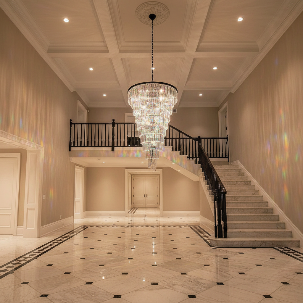 Riviko Extra Large Multi-Tiered Spiral Chandelier in Black Finish - grand American estate foyer