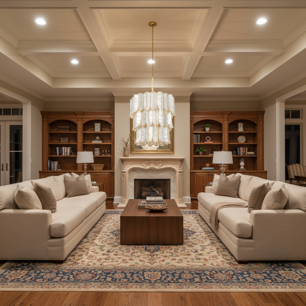 Riviko Capiz Bloom Vintage Gold Leaf Chandelier - luxurious American living room with tray ceiling