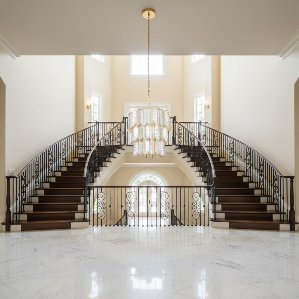 Riviko Capiz Bloom Vintage Gold Leaf Chandelier - dramatic American stairwell with soaring ceiling