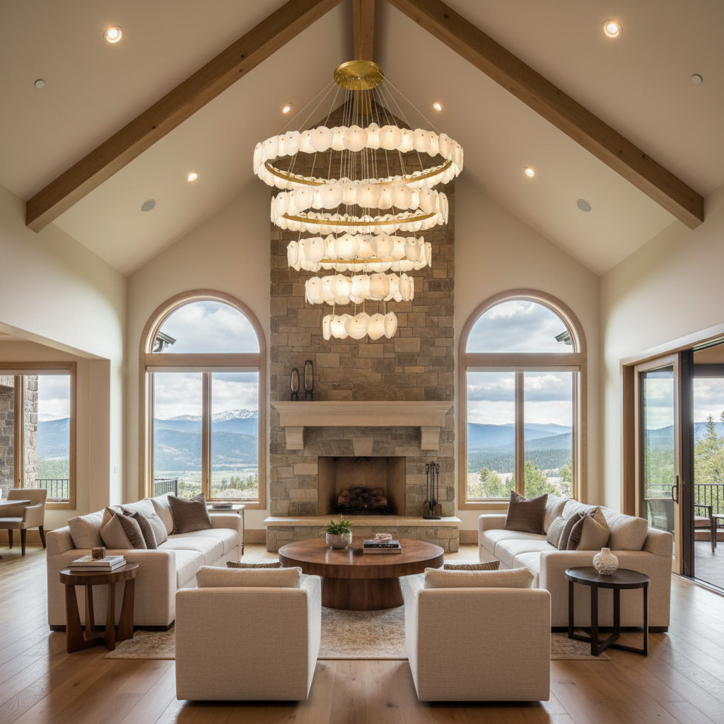 Riviko Aura Tiered Circular Alabaster Chandelier - luxury American great room with cathedral ceiling