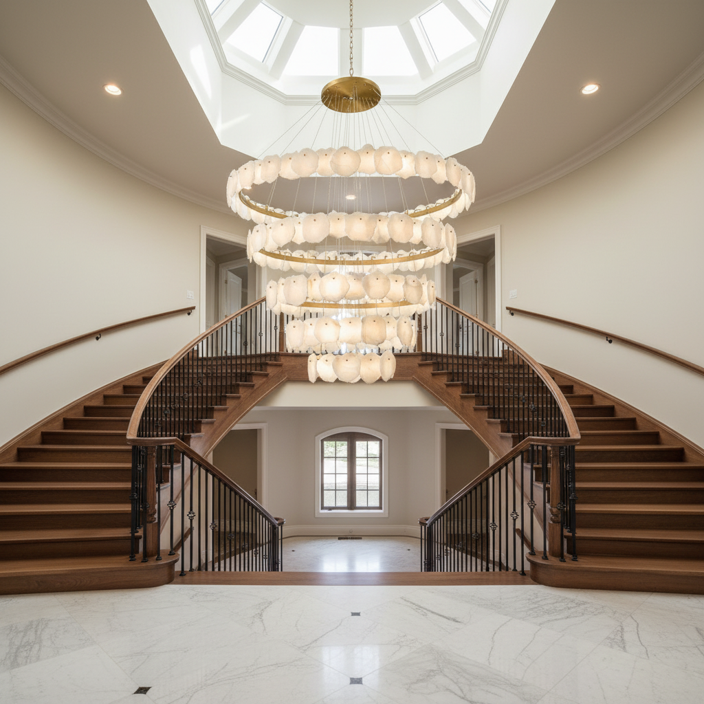 Riviko Aura Tiered Circular Alabaster Chandelier - dramatic American stairwell with three-story void