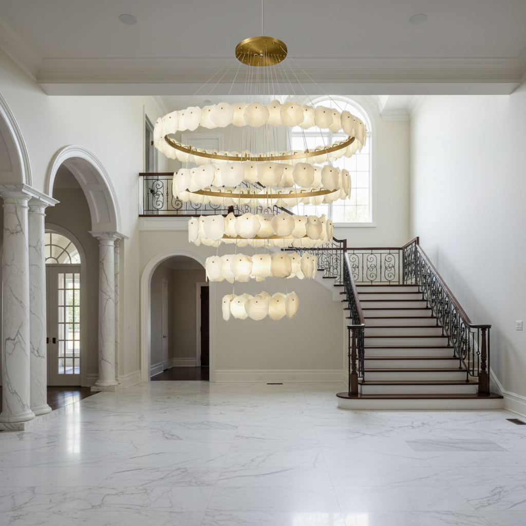 Riviko Aura Tiered Circular Alabaster Chandelier - American estate entrance hall