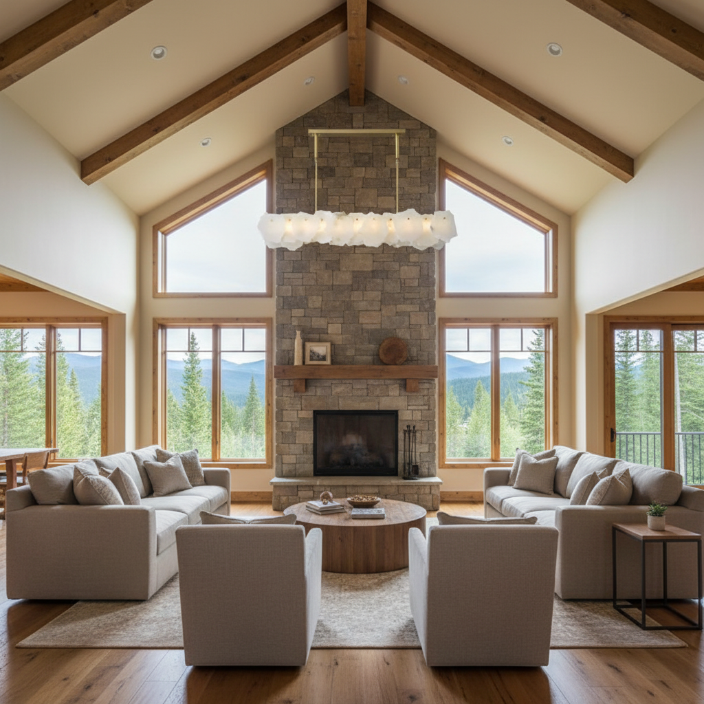 Riviko Veridian Oval Alabaster Chandelier - American transitional great room with cathedral ceiling