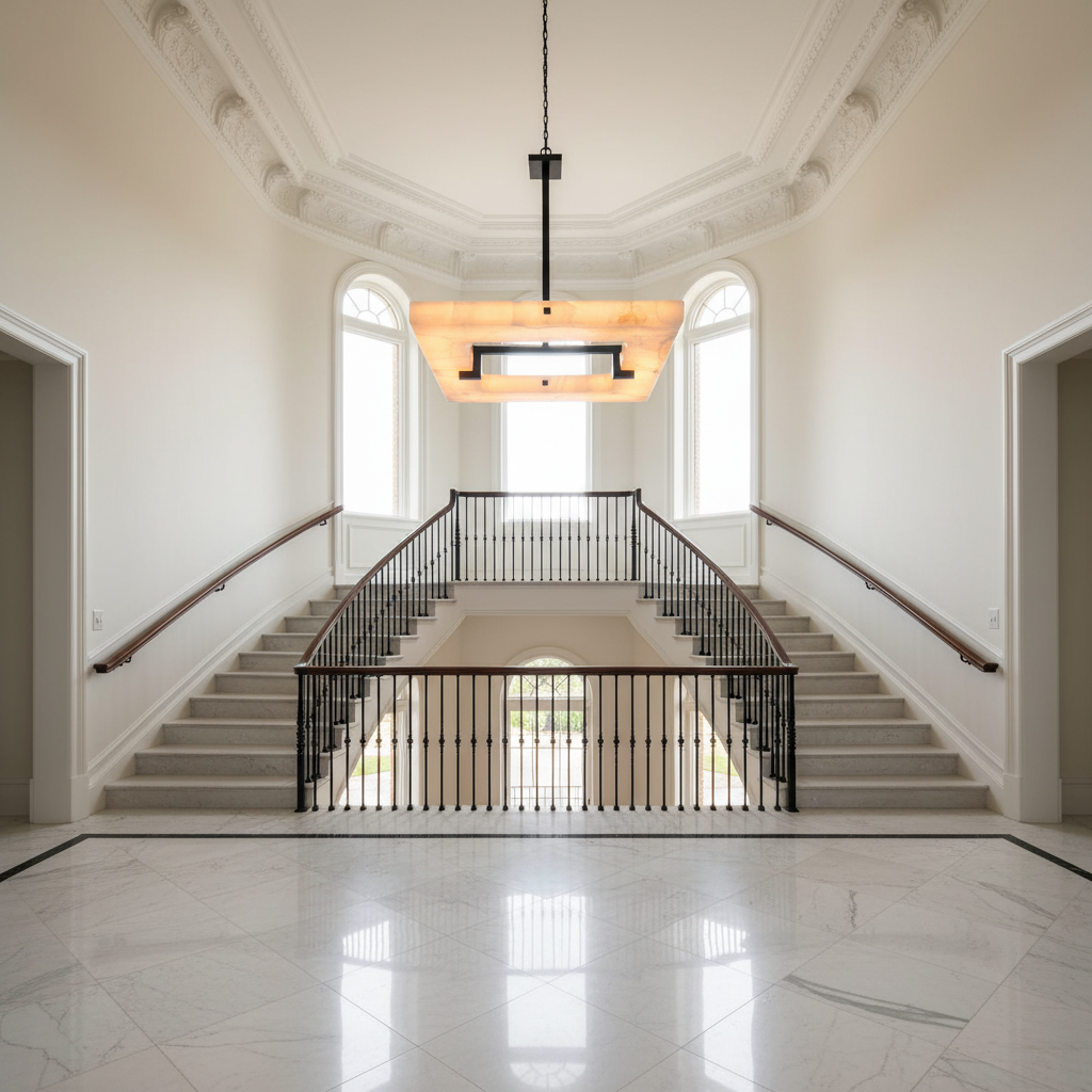 Riviko Alabaster Square Radiance Chandelier - dramatic American stairwell with soaring ceiling