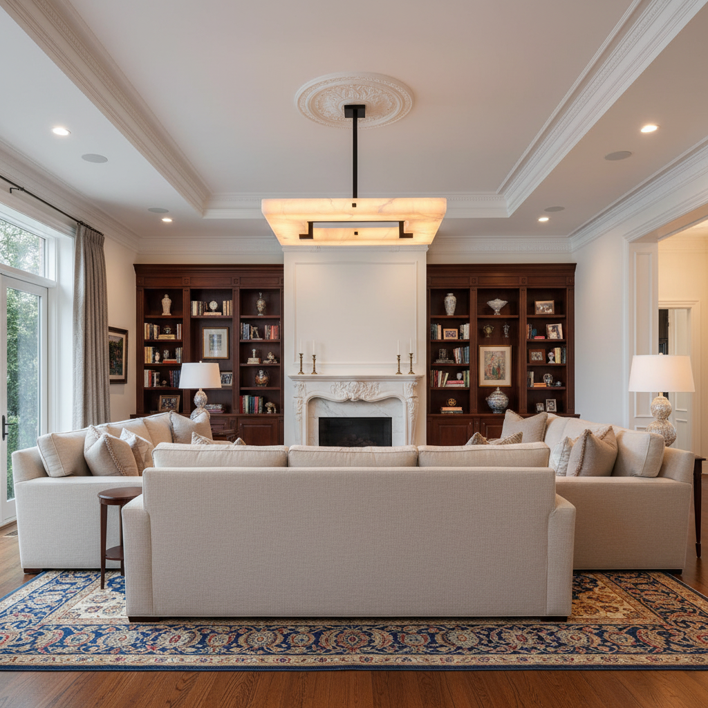 Riviko Alabaster Square Radiance Chandelier - luxurious American living room with tray ceiling