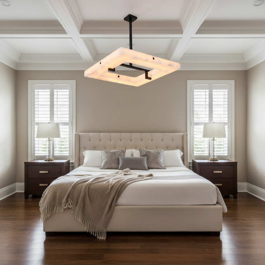 Riviko Alabaster Square Radiance Chandelier - American master bedroom with coffered ceiling