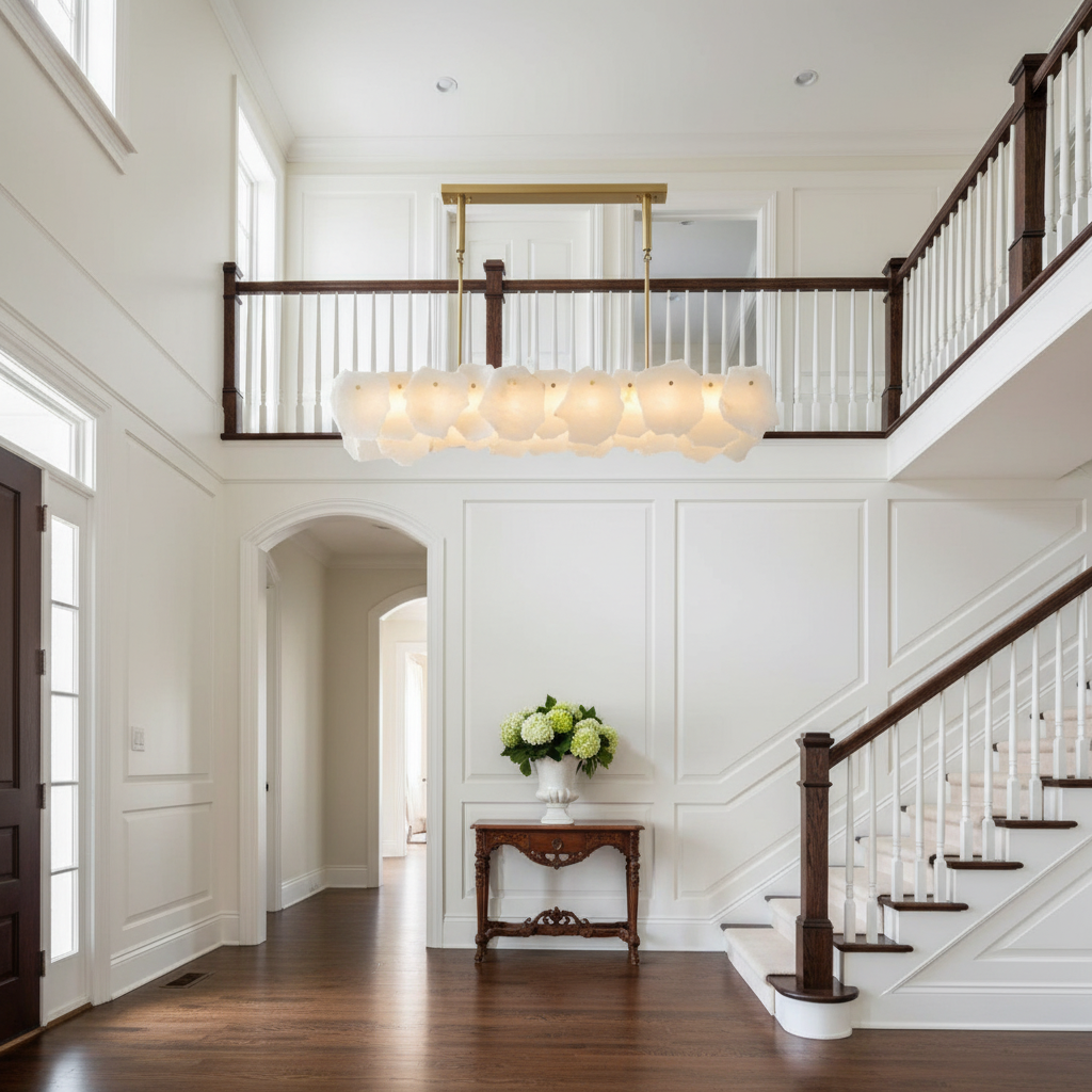 Riviko Veridian Oval Alabaster Chandelier - elegant American entryway with arched doorway