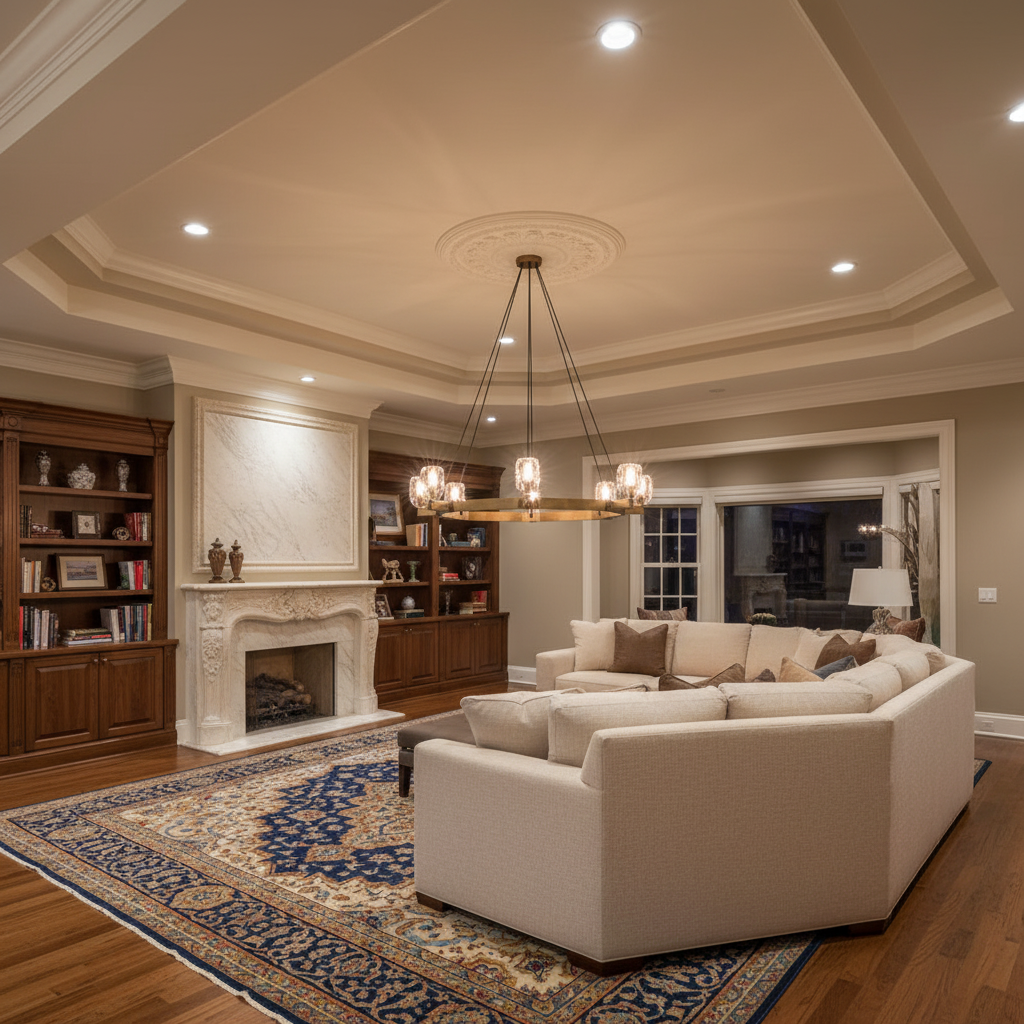 Riviko Radiant Prism Round Chandelier - luxurious American living room with tray ceiling
