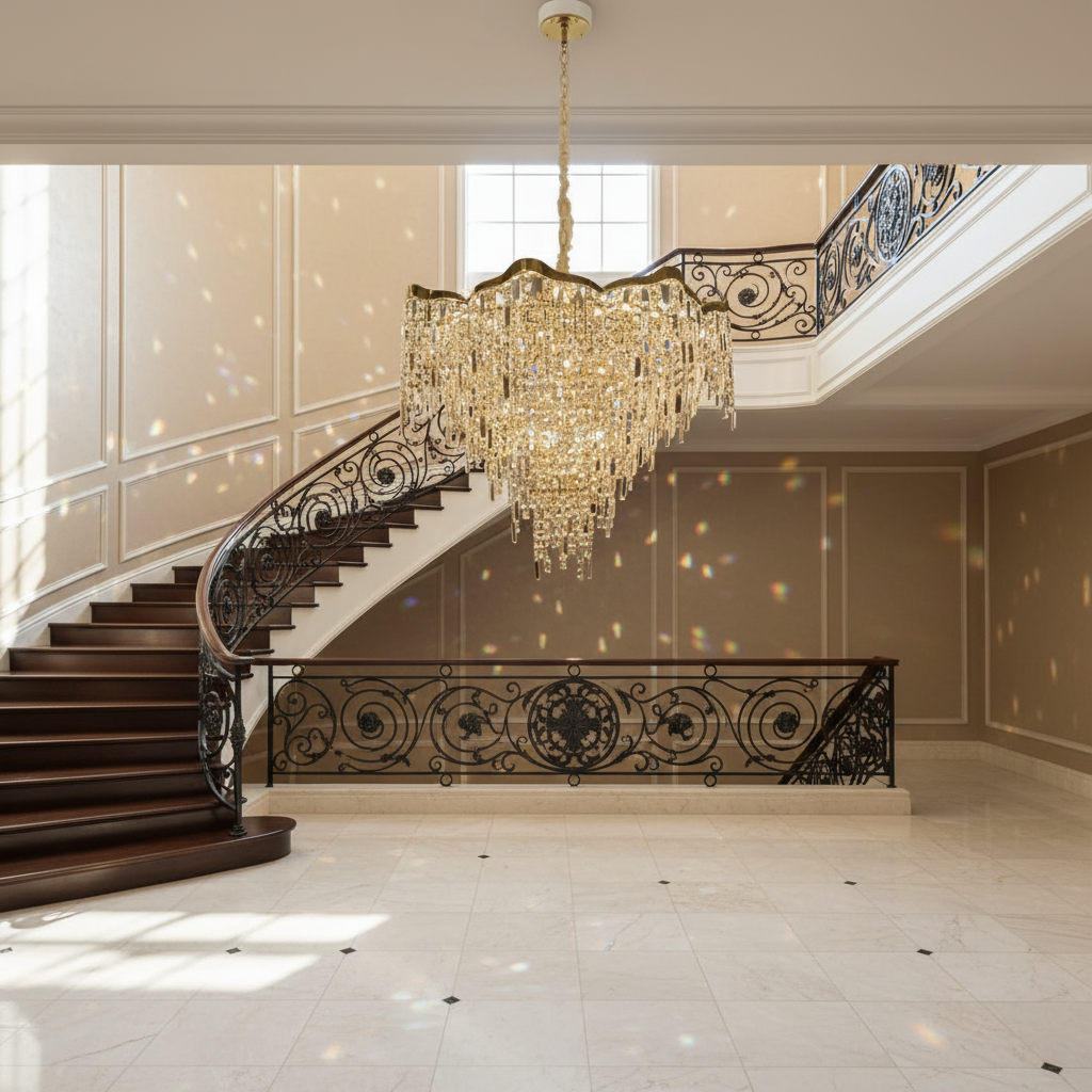 Riviko Radiant Aura Round Crystal Chandelier - dramatic American stairwell with soaring ceiling