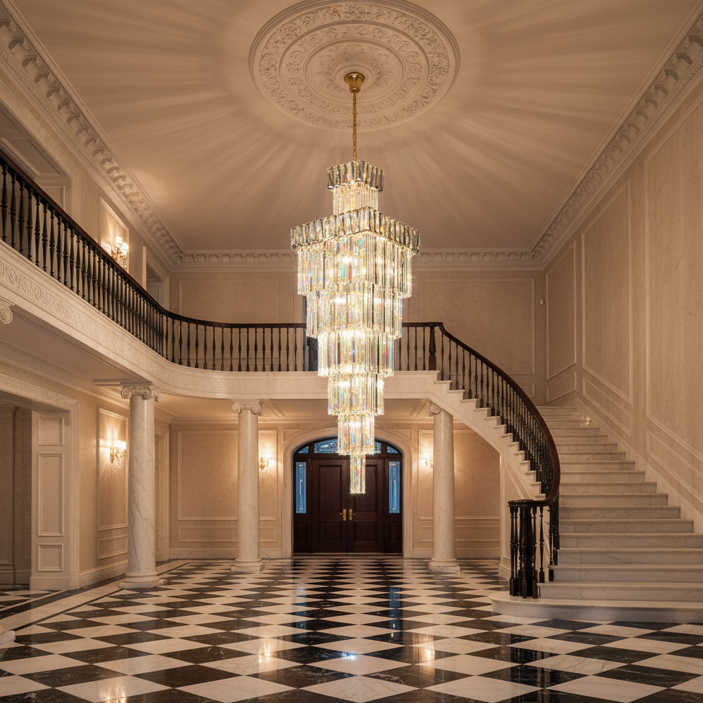 Riviko Grand Vertical K9 Crystal Staircase Chandelier - grand American estate foyer