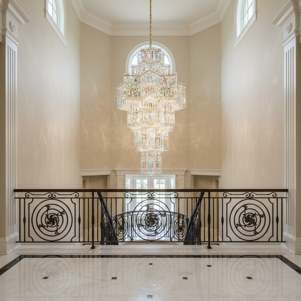 Riviko Celestial Radiance Chandelier - dramatic American stairwell with soaring ceiling
