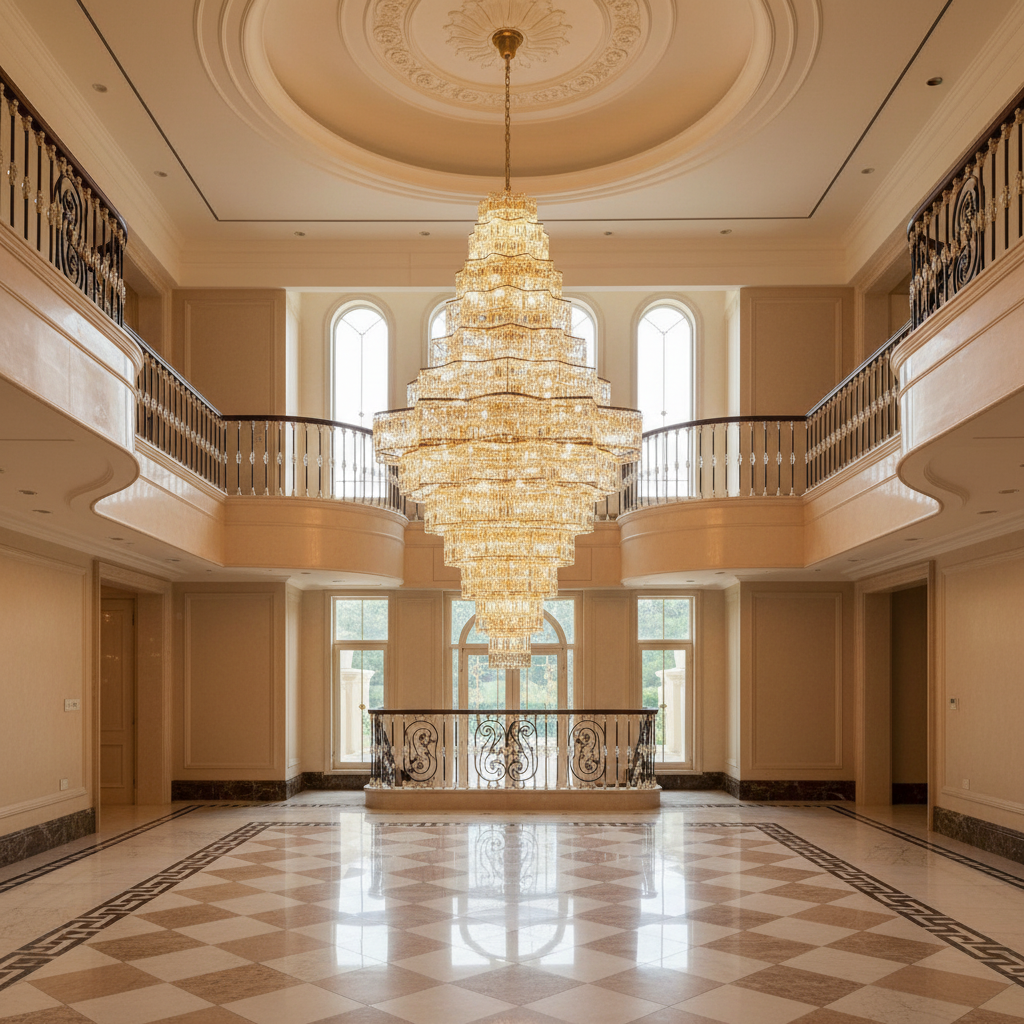 Riviko Extra Large Plaza Hall Multi-Tier Crystal Chandelier Foyer Living Room Staircase Ceiling Lighting Fixture In Chrome/ Silver Finish - Scene