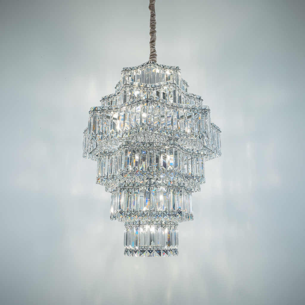 Riviko Extra Large Plaza Hall Multi-Tier Crystal Chandelier Foyer Living Room Staircase Ceiling Lighting Fixture In Chrome/ Silver Finish - Studio Shot