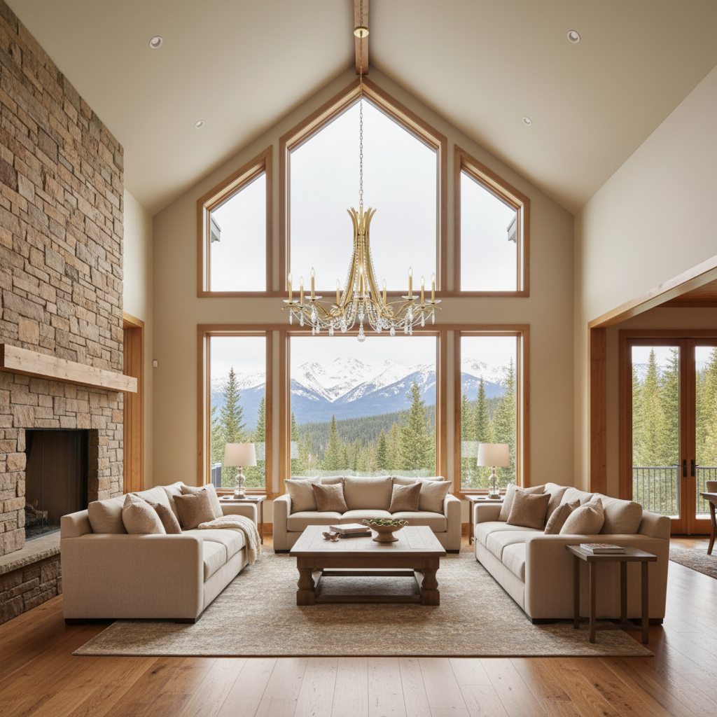 Riviko Veridian Bloom Round Chandelier - American transitional great room with cathedral ceiling