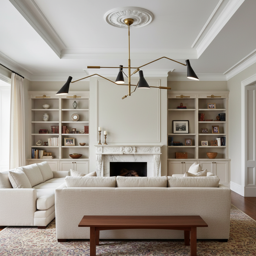 Riviko Sculptural Beam Modern Chandelier - luxurious American living room with tray ceiling