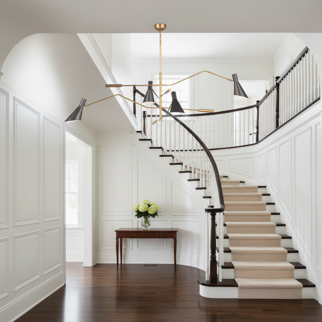 Riviko Sculptural Beam Modern Chandelier - elegant American entryway with arched doorway
