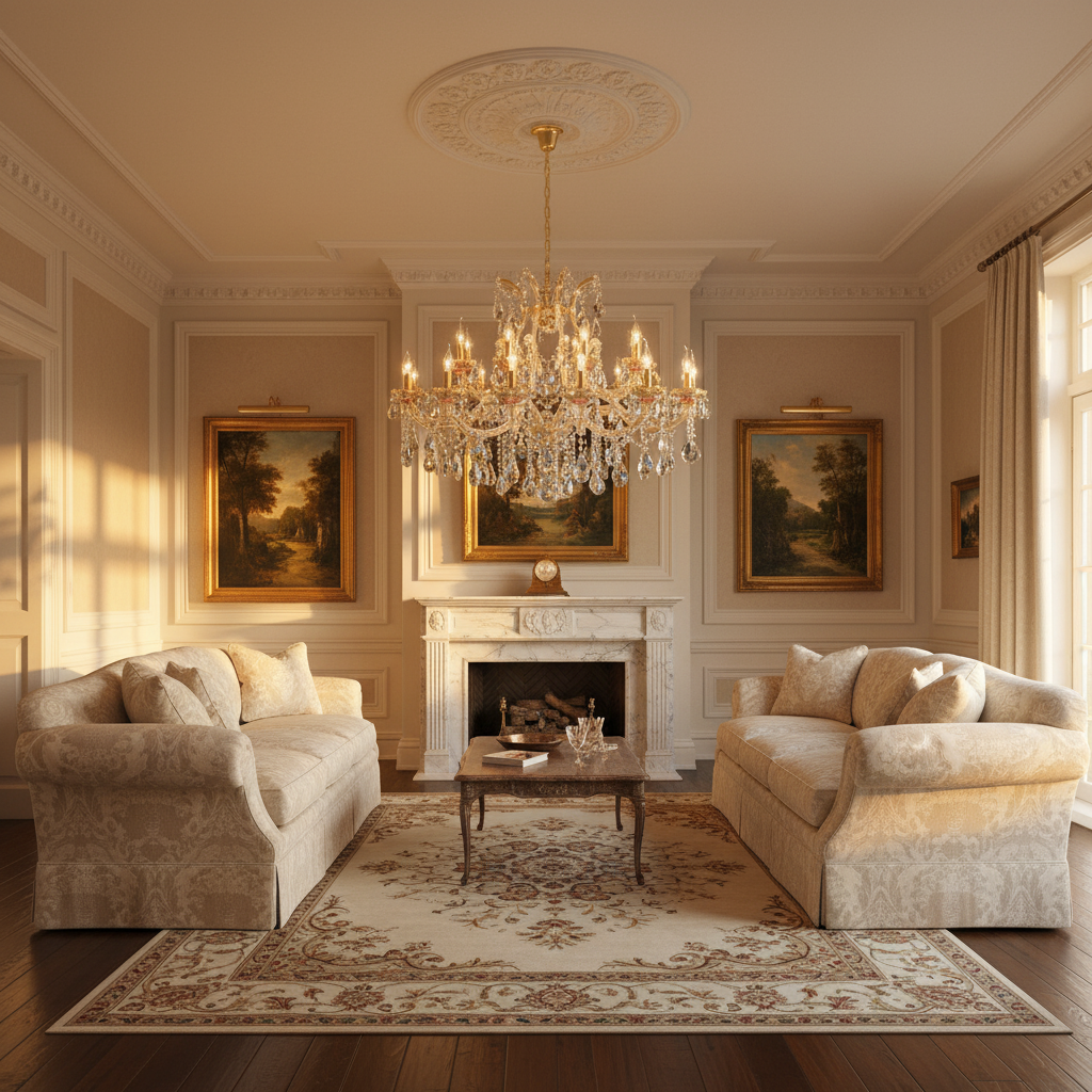 Riviko Regal Bloom Gold Crystal Chandelier - American formal living room with 12-foot ceilings