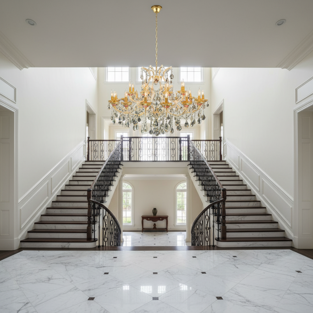 Riviko Regal Bloom Gold Crystal Chandelier - dramatic American stairwell with soaring ceiling