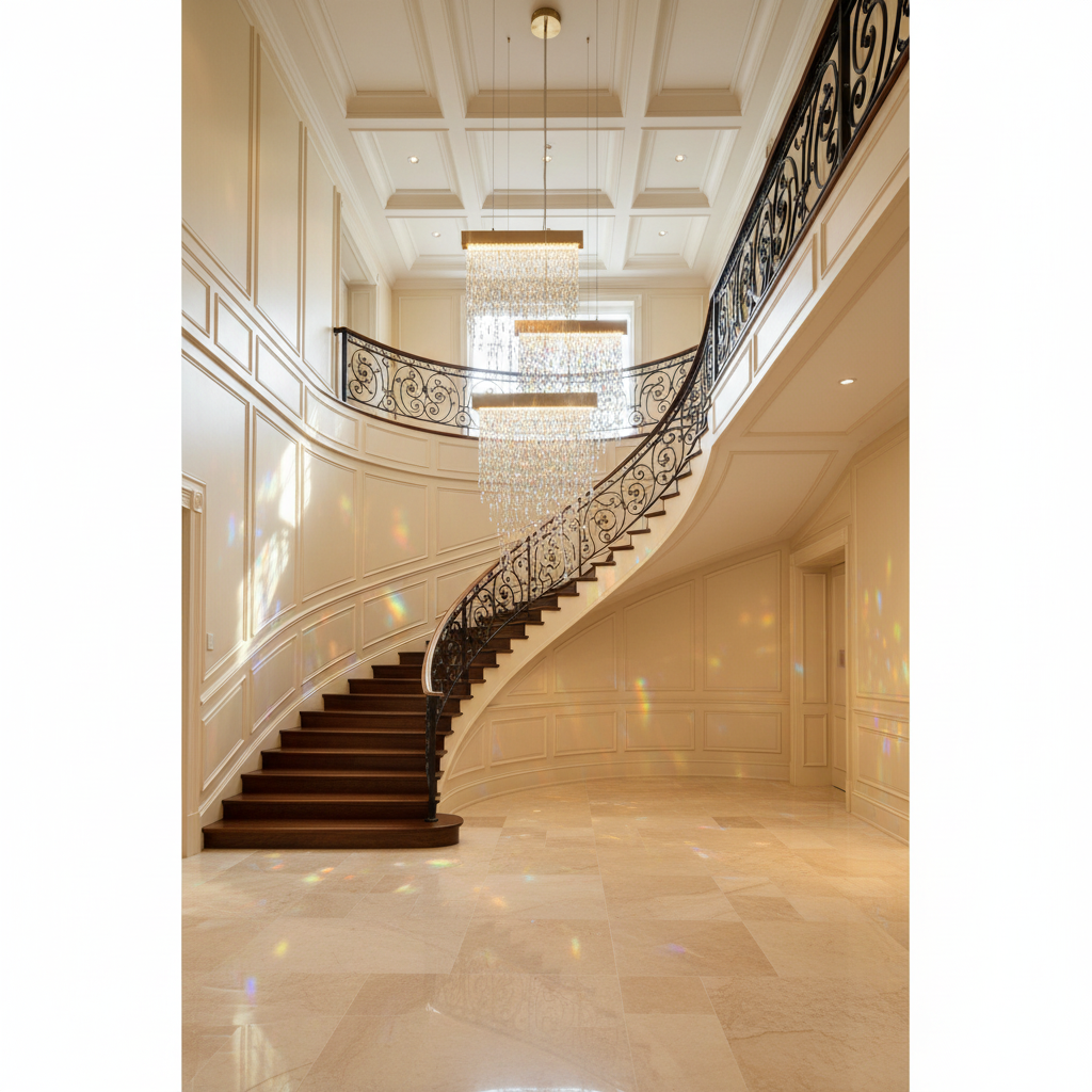 Riviko Radiant Cascade Tassel Chandelier - dramatic American stairwell with soaring ceiling