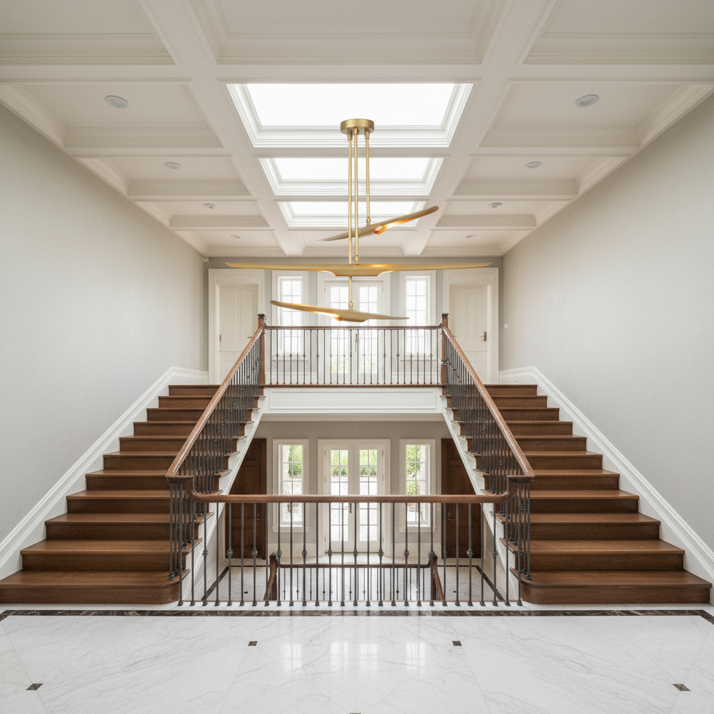Riviko Aeroform Triple-Tier Chandelier - dramatic American stairwell with three-story void