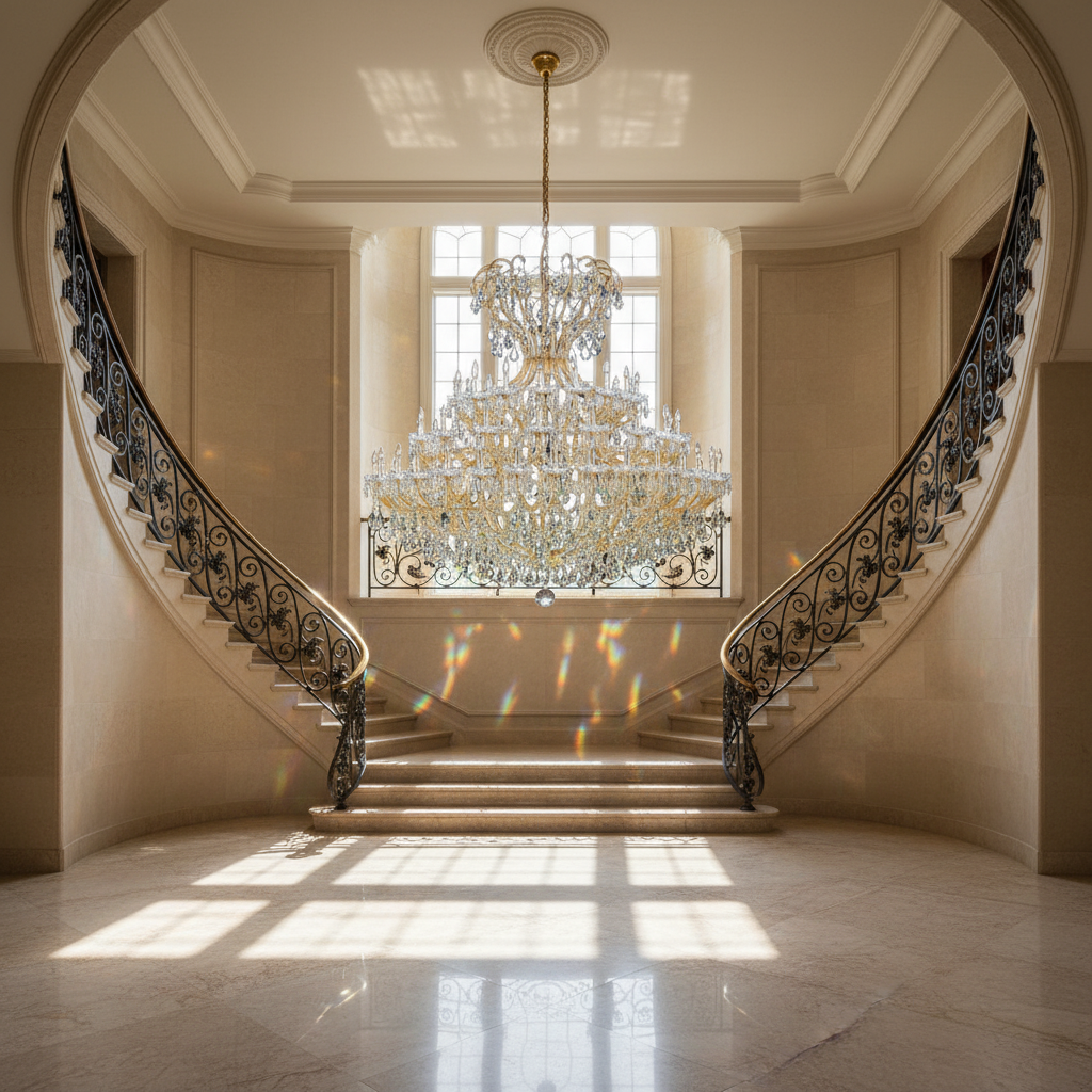 Riviko Grand Empire Crystal Candle Branch Chandelier - dramatic American stairwell with soaring ceiling
