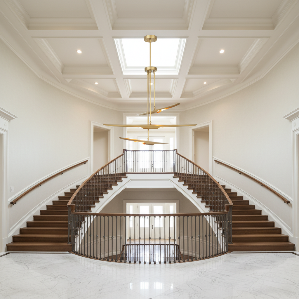 Riviko Pulsara Chandelier - dramatic American stairwell with three-story void