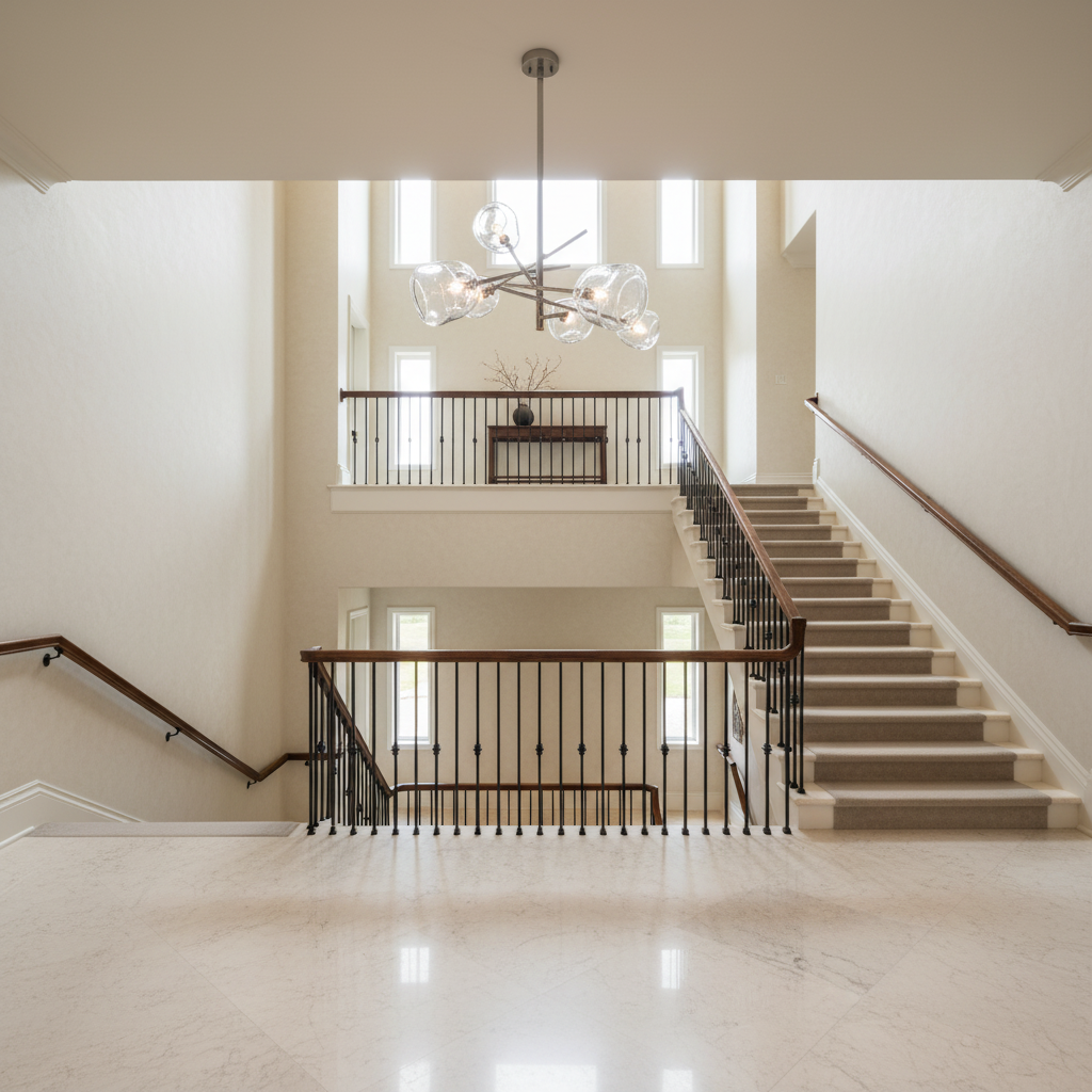 Riviko Lumelle Chandelier - dramatic American stairwell with soaring ceiling