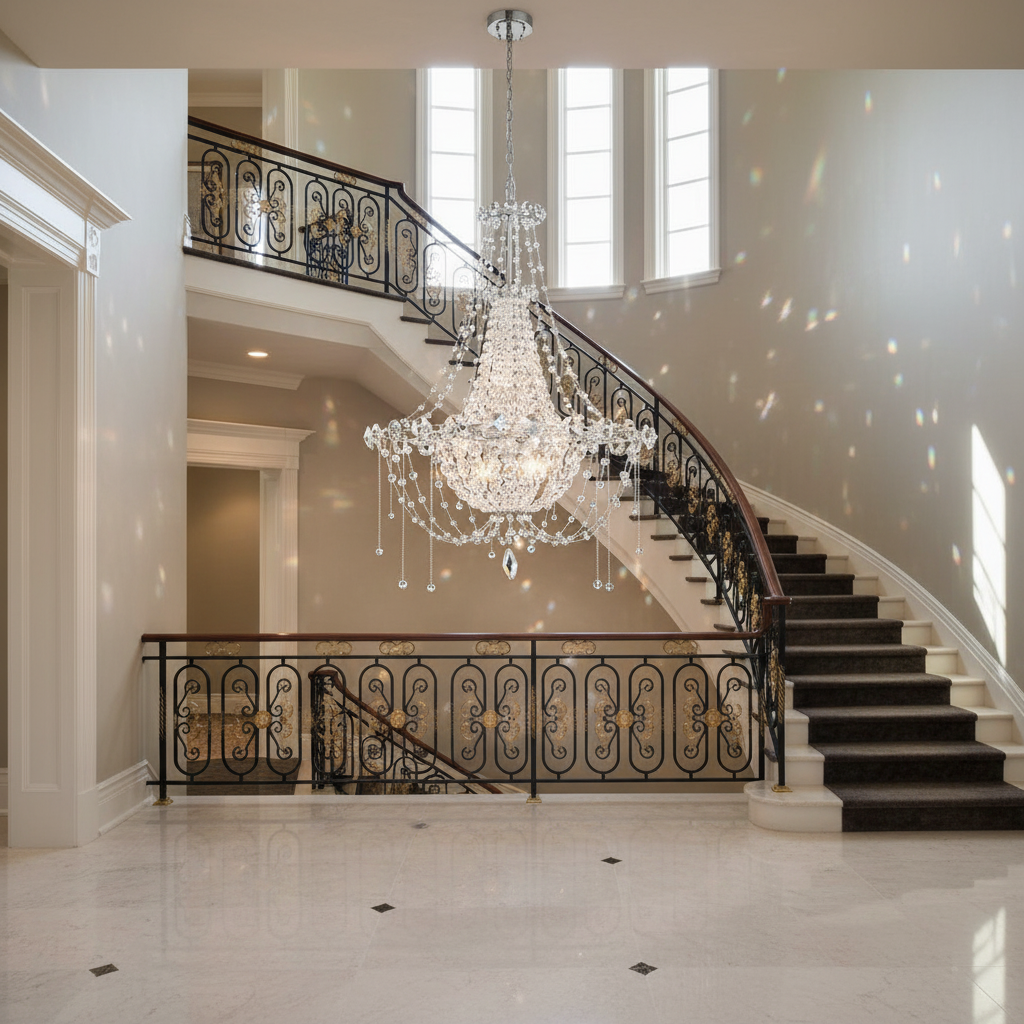 Riviko Radiant Cascade Chandelier 18" - dramatic American stairwell with soaring ceiling
