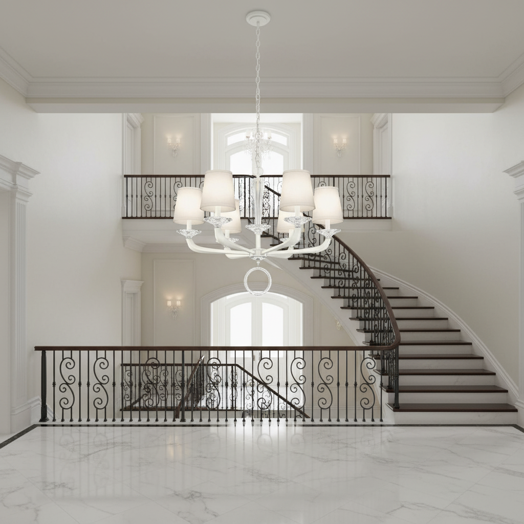 Riviko Embrace Radiance 6-Light Chandelier - dramatic American stairwell with soaring ceiling