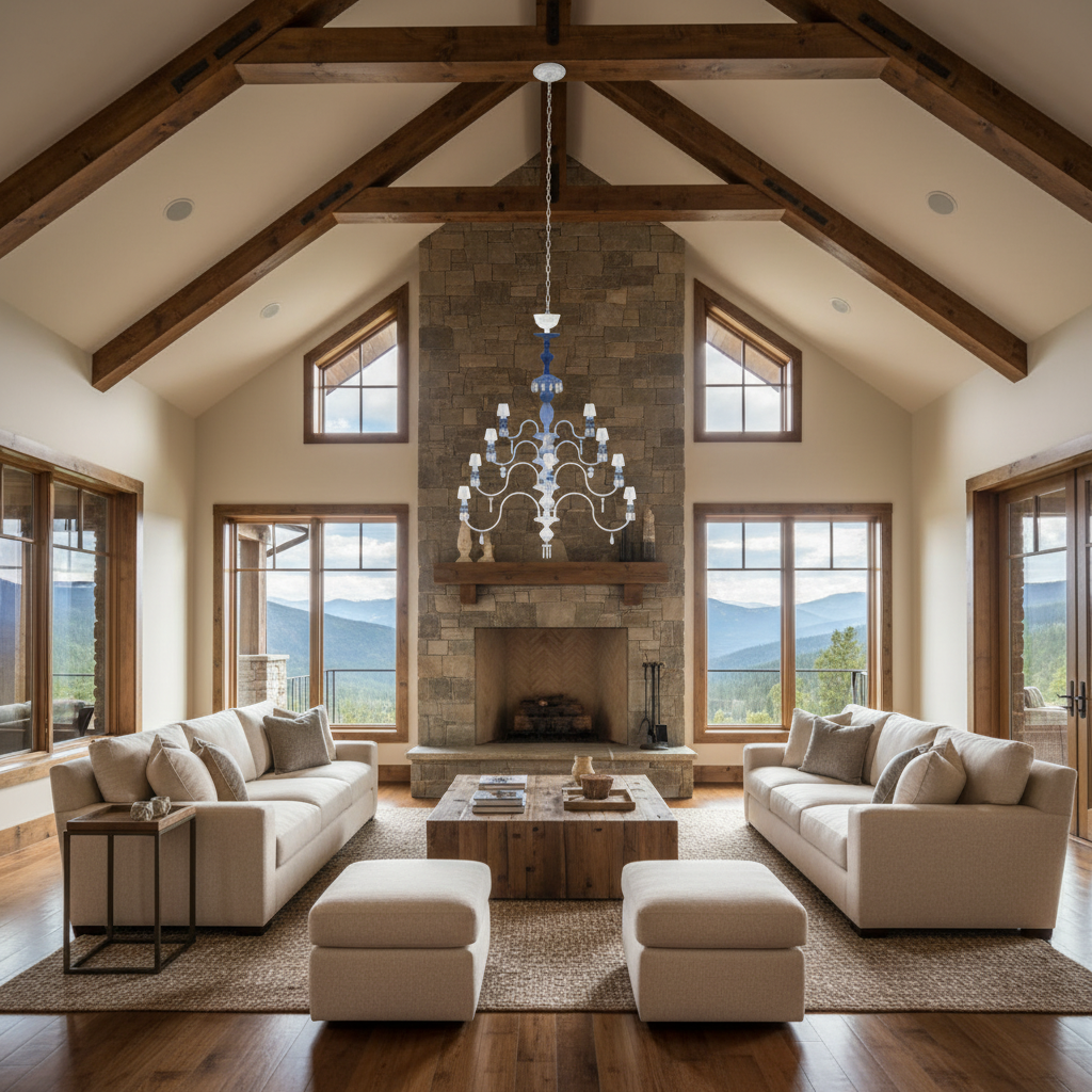 Riviko Midnight Bloom Porcelain Chandelier - American transitional great room with cathedral ceiling