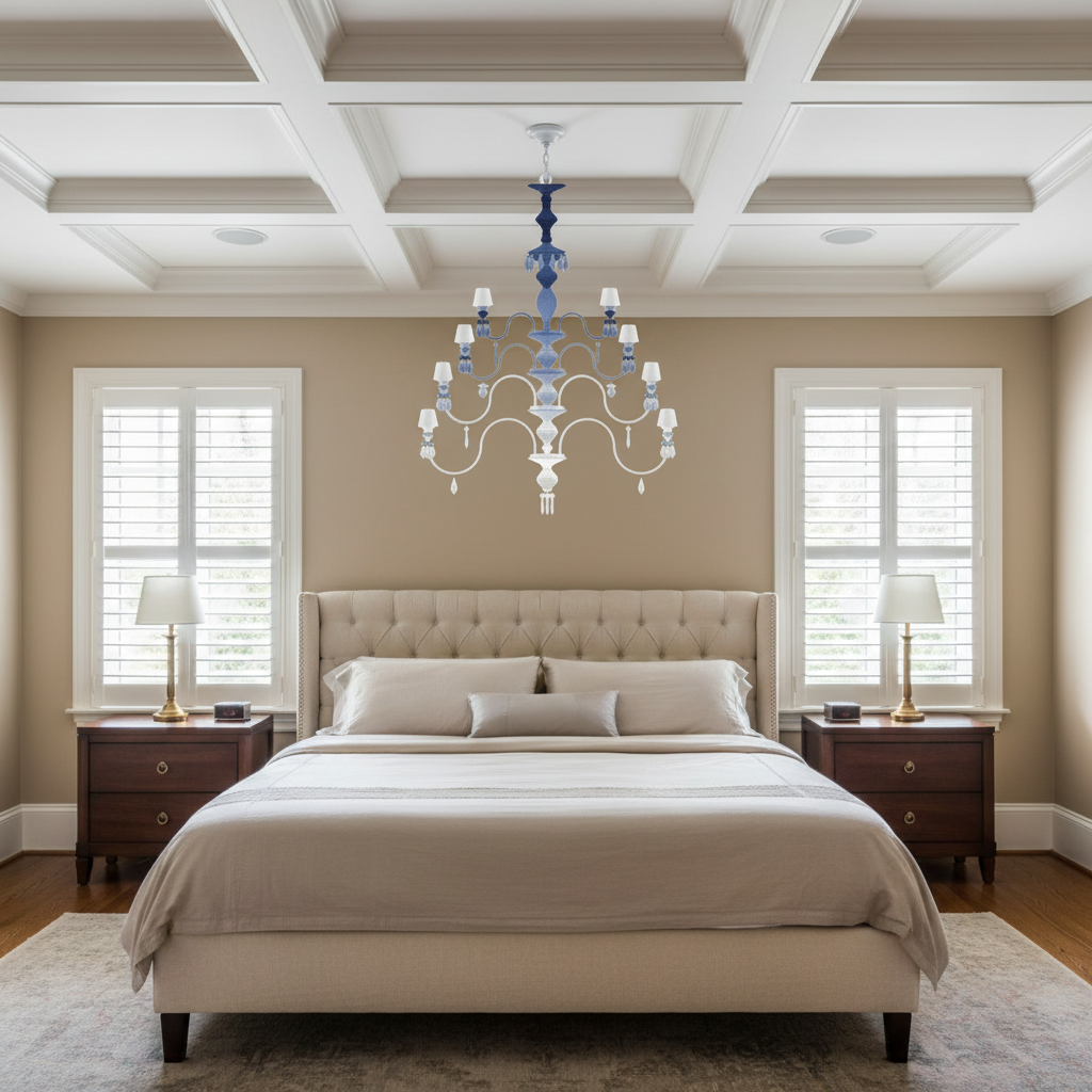 Riviko Midnight Bloom Porcelain Chandelier - American master bedroom with coffered ceiling