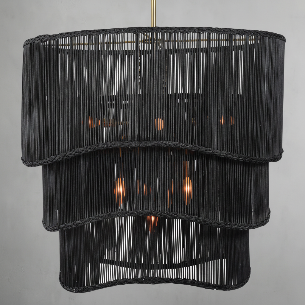 Riviko Ebony Rattan Grand Tiered Chandelier - Background Shot