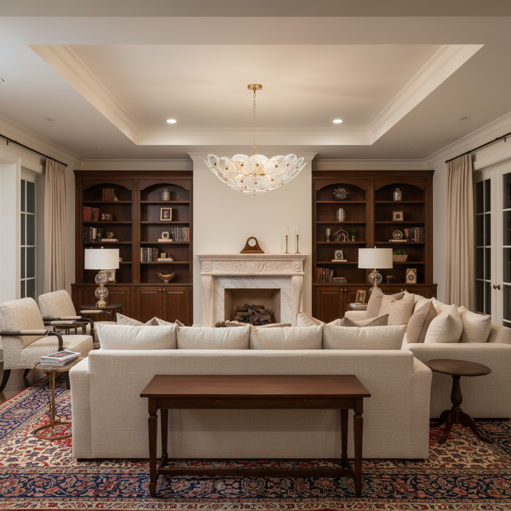 Riviko Veridian Bloom Chandelier - luxurious American living room with tray ceiling