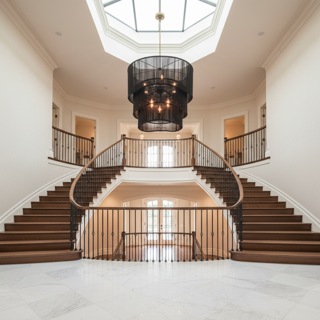 Riviko Ebony Rattan Grand Tiered Chandelier - dramatic American stairwell with three-story void