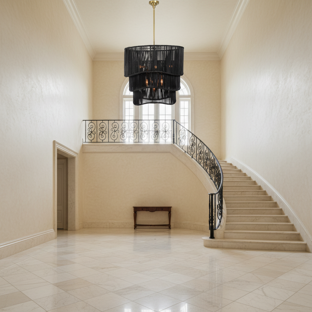 Riviko Ebony Rattan Grand Tiered Chandelier - grand American foyer with soaring ceiling