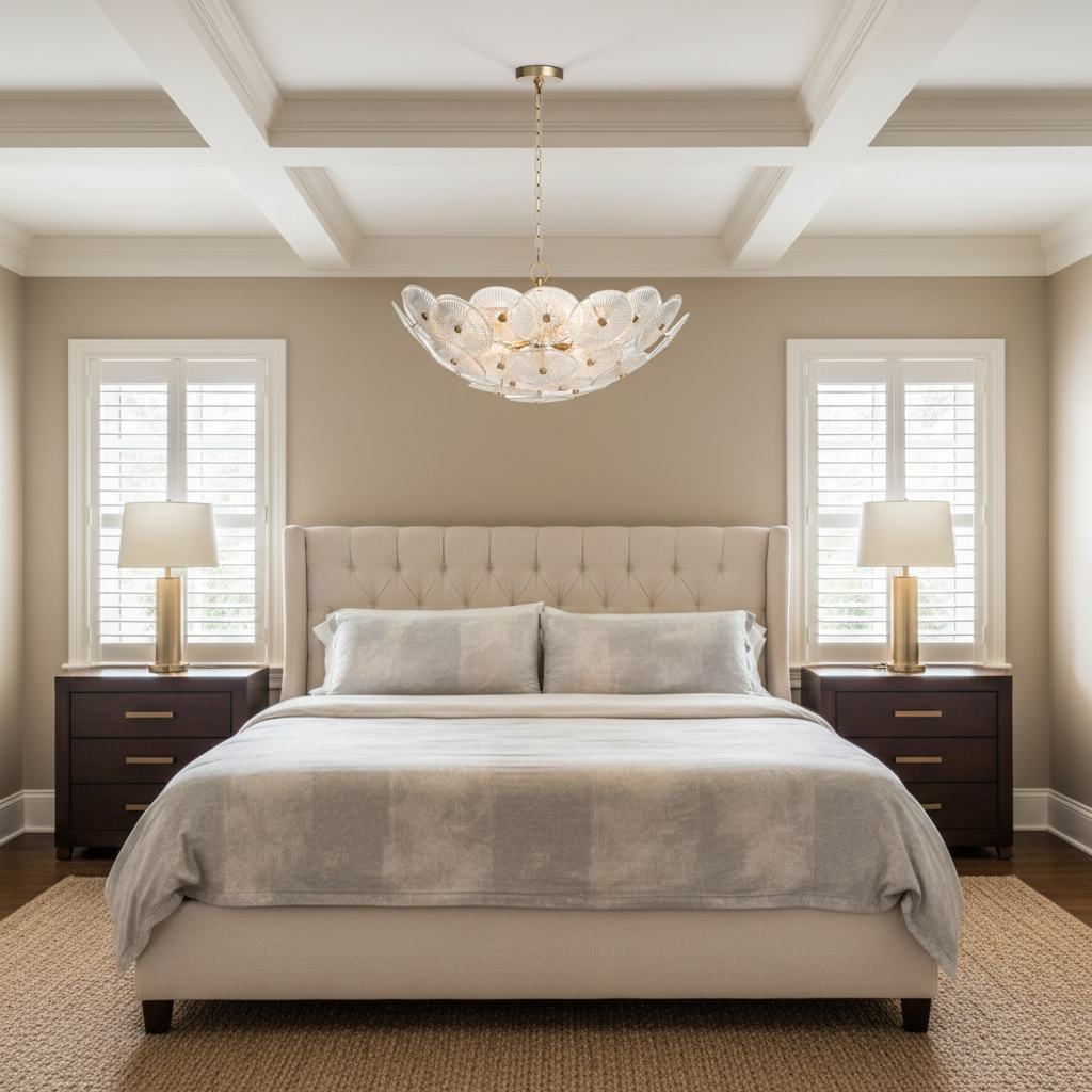 Riviko Veridian Bloom Chandelier - American master bedroom with coffered ceiling