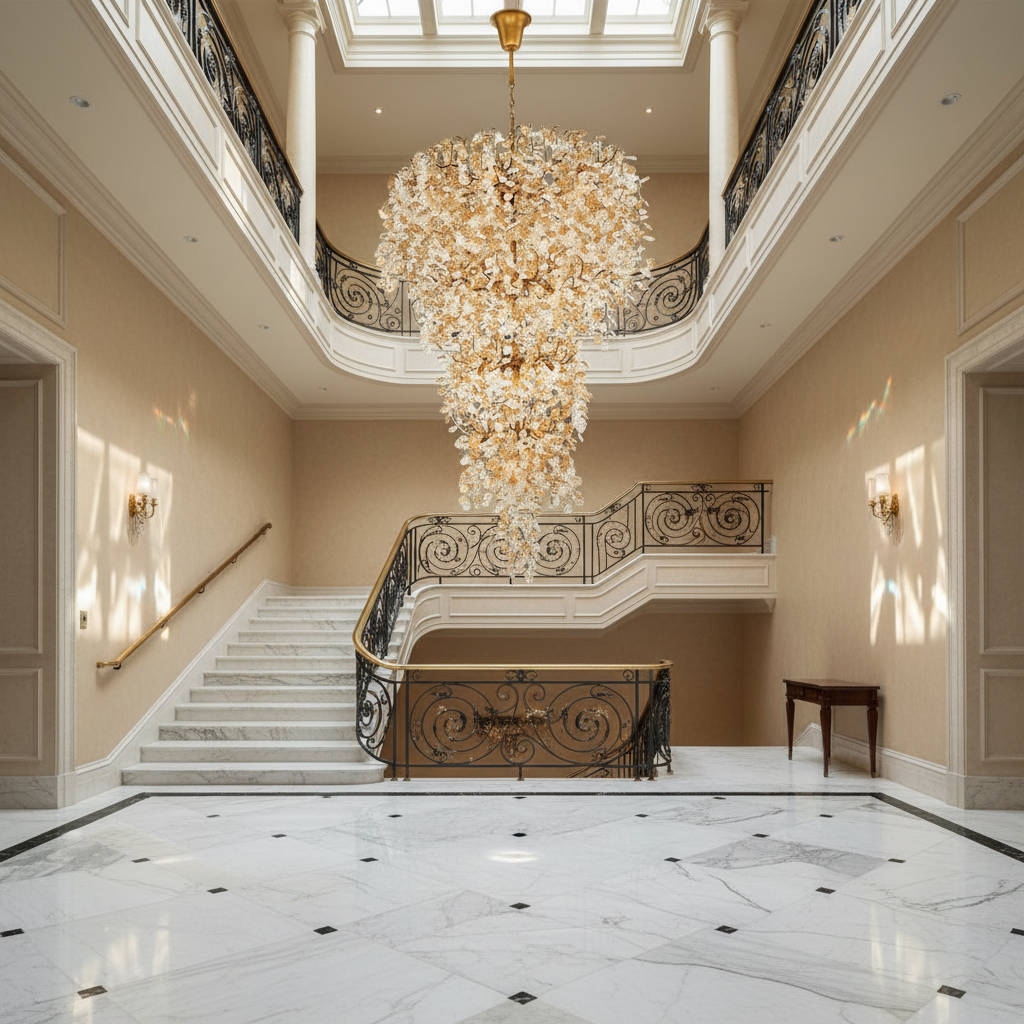 Riviko Aurelian Grand Chandelier 33 Lights 76 Inches - dramatic American stairwell with soaring ceiling