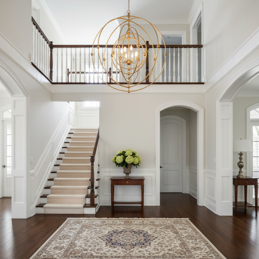 Riviko Aura Sphere Grand Chandelier - elegant American entryway with arched doorway