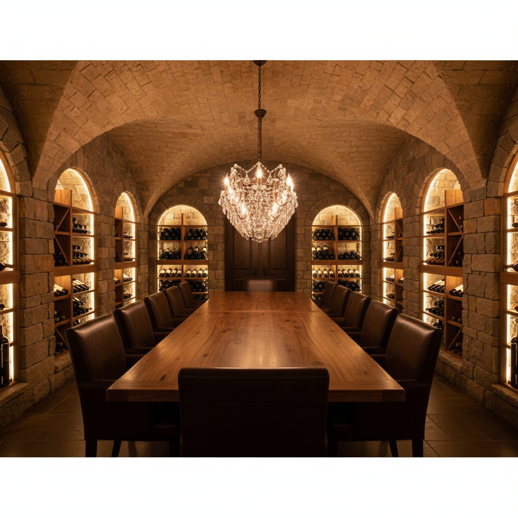 Riviko Regal Grandeur Rectangular Chandelier - elegant American wine cellar dining room