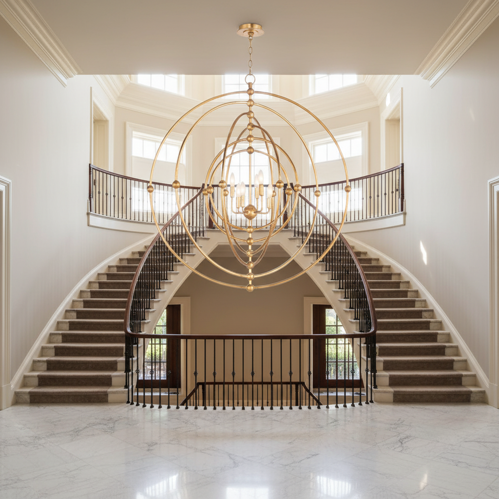 Riviko Aura Sphere Grand Chandelier - dramatic American stairwell with soaring ceiling