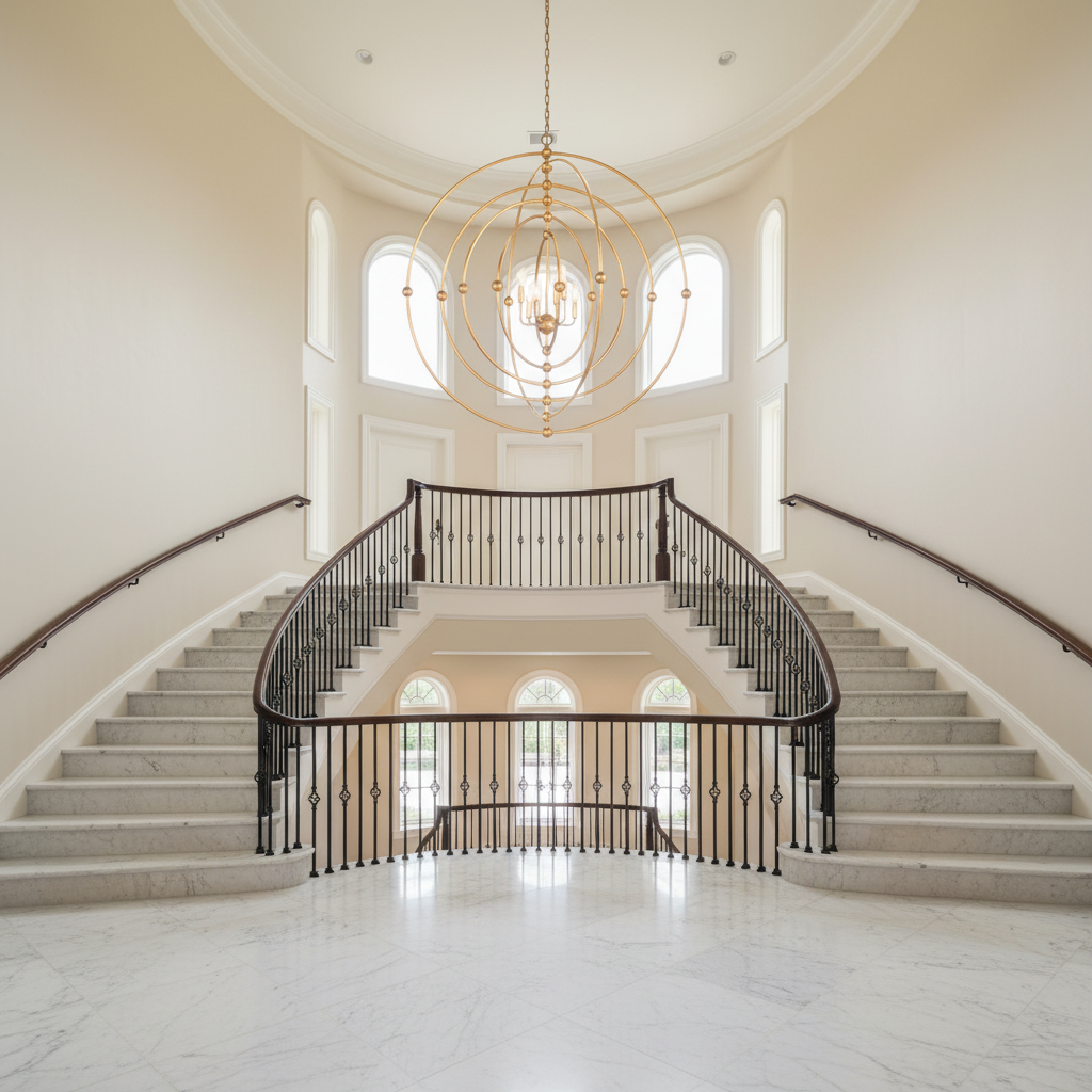 Riviko Solivra Chandelier Sphere - dramatic American stairwell with soaring ceiling