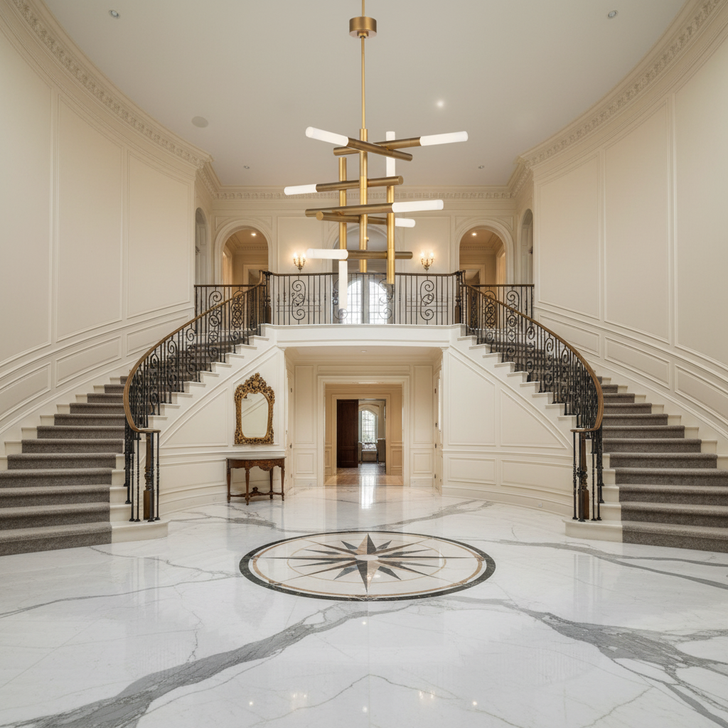 Riviko Geometric Horizon Brass Chandelier - grand American foyer with two-story ceiling