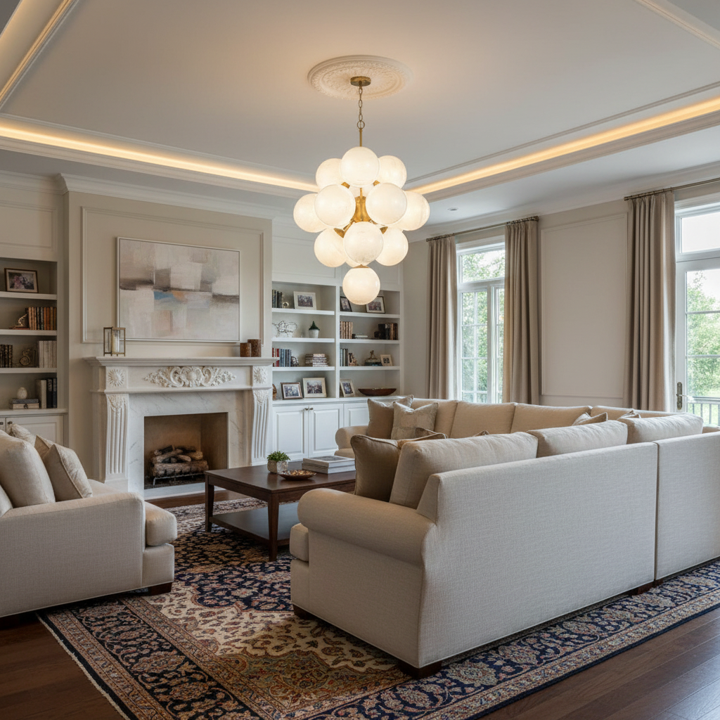 Riviko Aura Swirl Glass Grand Chandelier - luxurious American living room with tray ceiling